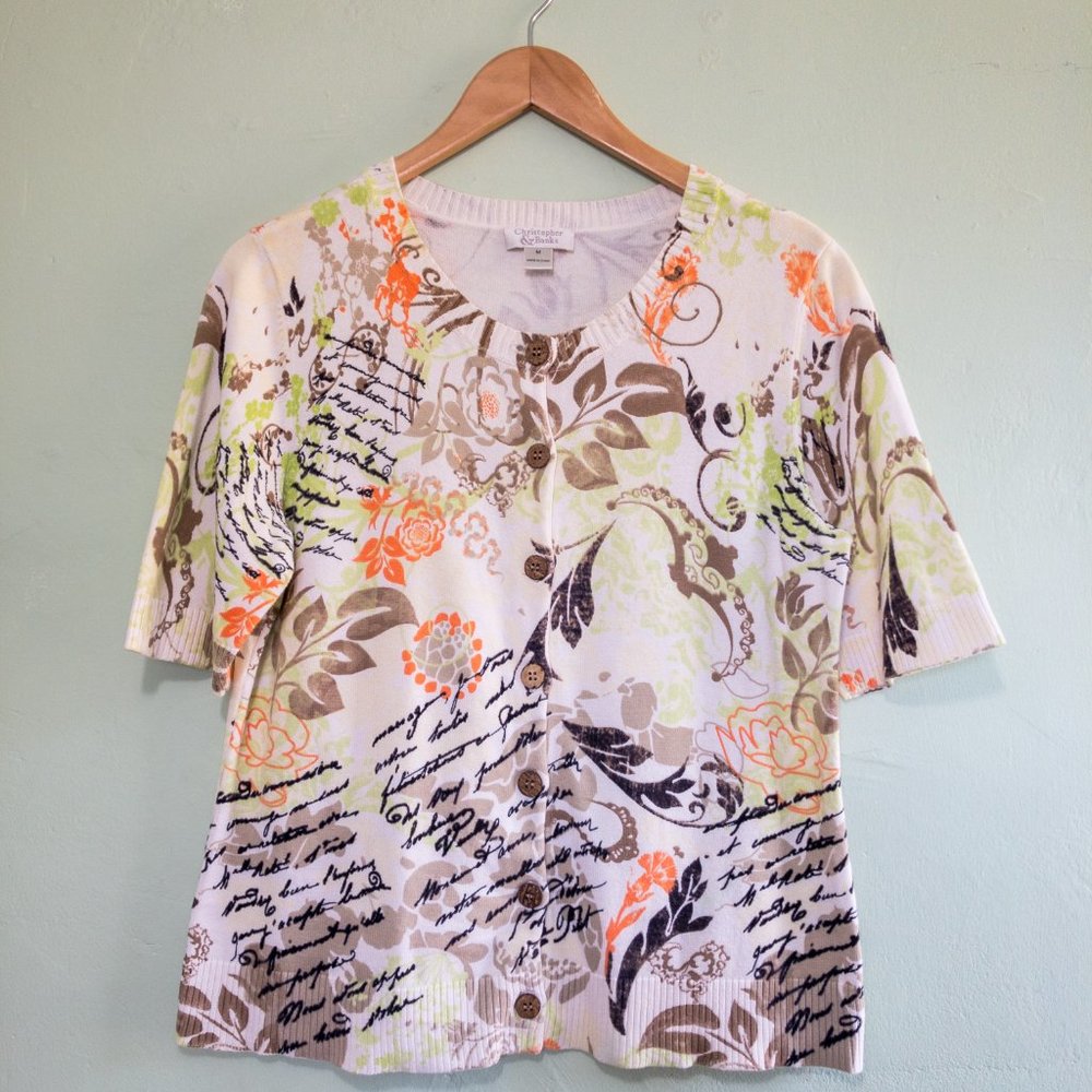 Christopher & Banks Short Sleeve cardigan Womens Size M Floral Print Brown Green